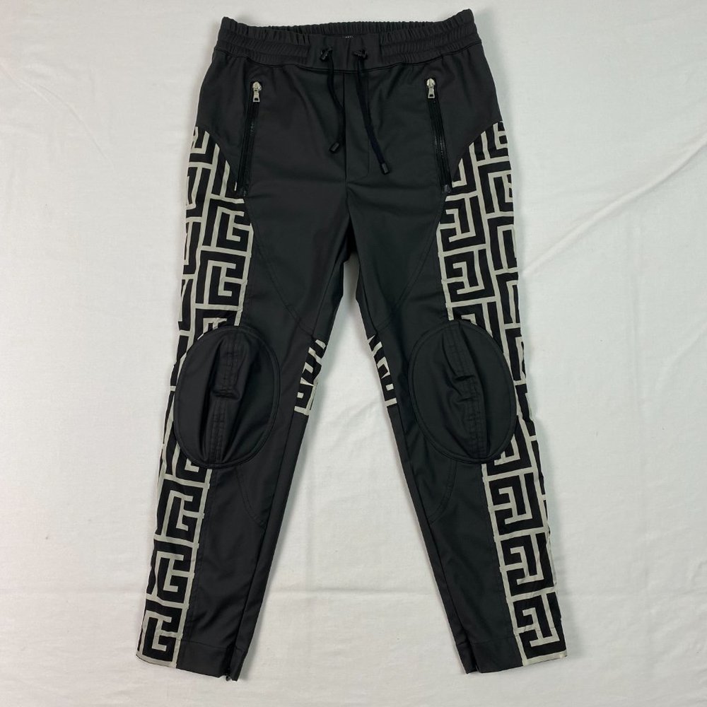 BALMAIN mens Maxi Monogram Knee-Pad Track Pants Nylon Jogger‎ Black Ivory 48
